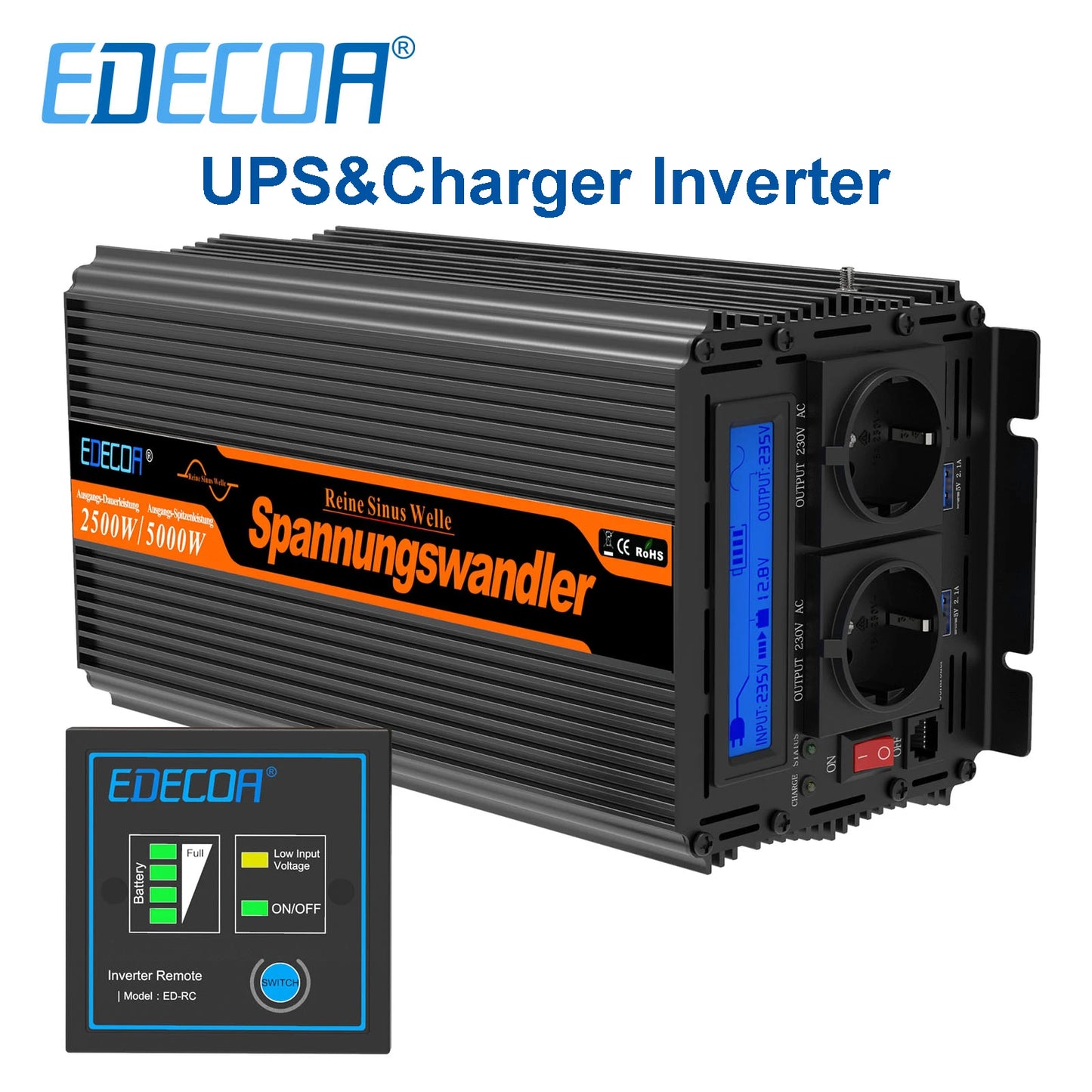 Zuivere Sinusomvormer – 12V Naar 220V Omvormer – Caravan Omvormer – Camping Omvormer – Bouwplaats Omvormer – 2500W Nominaal – 5000W Piekvermogen