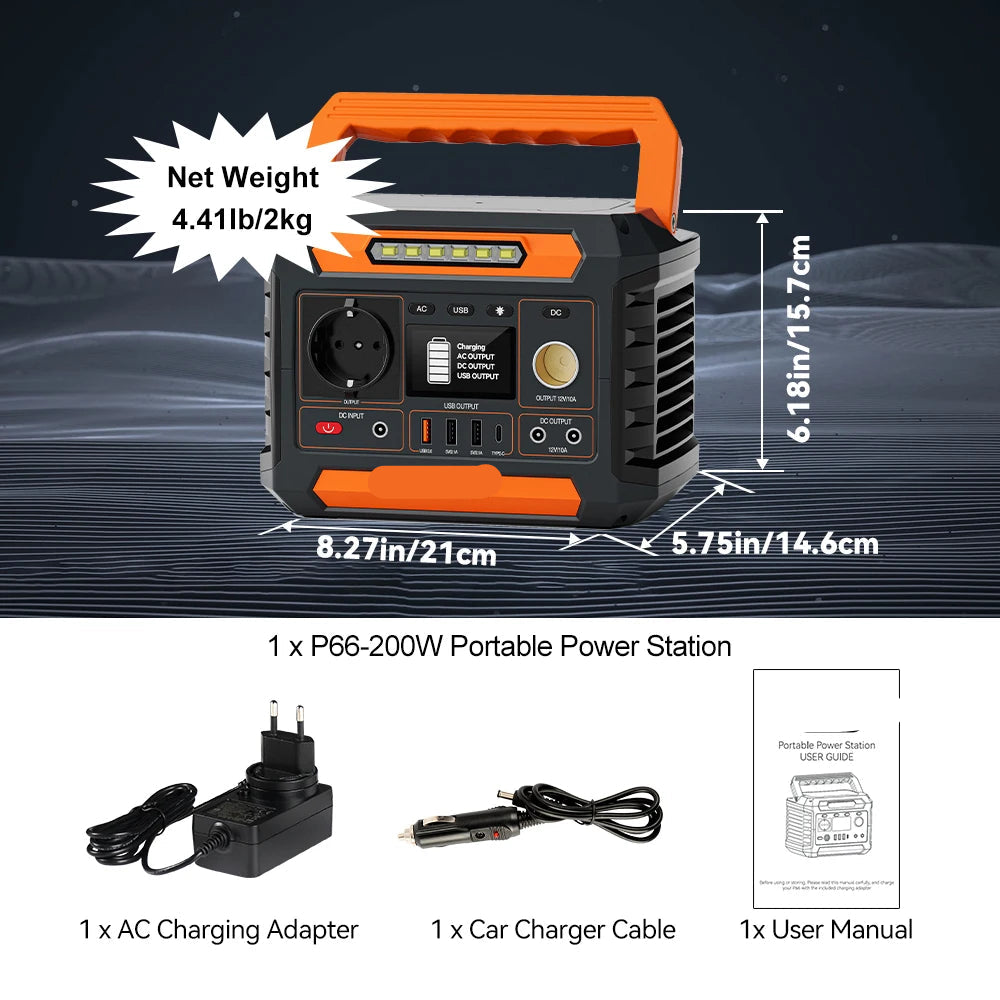 Draagbare Powerstation – Mobiele Energiebron – Noodstroomvoorziening – Camping Accu – 200W Continue Stroom – 4 USB-Poorten