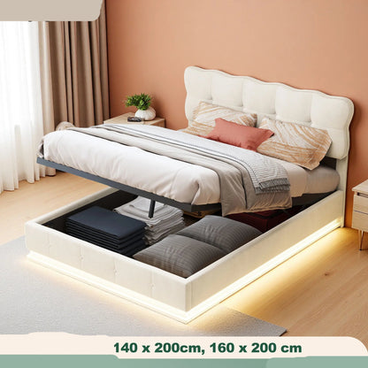 Velvet Bed – Fluwelen Bed – Bed Met Opbergruimte – Hydraulisch Bed – Warm Beige – 140x200 Cm – LED Sfeerverlichting