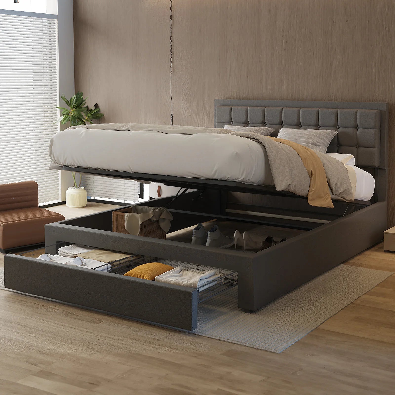 Tweepersoonsbed – Bedframe – Slaapbed – Opbergbed – Boxspringbed – Stabiel Metalen Frame – Hydraulische Opbergruimte 140x200 cm - Donkergrijs - QUORE