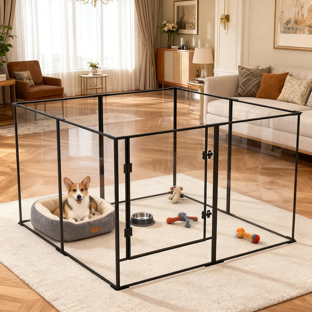 Hondenren acryl – Huisdierenren – Loopren – Speelren – Naar binnen – Transparant ontwerp – Stevig aluminium – 122x122x61 cm