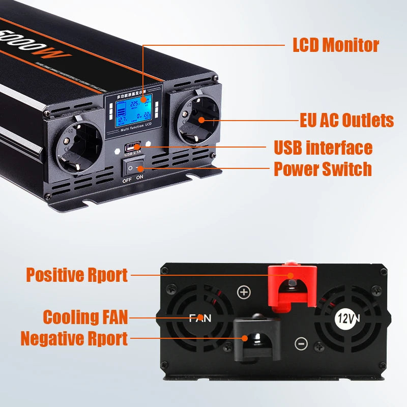 Omvormer - Spanningsomvormer - Auto Omvormer - 4000W - Powerstation - Powerbank - DC 12V 24V naar AC 220V - met Afstandsbediening en EU Stopcontact - QUORE