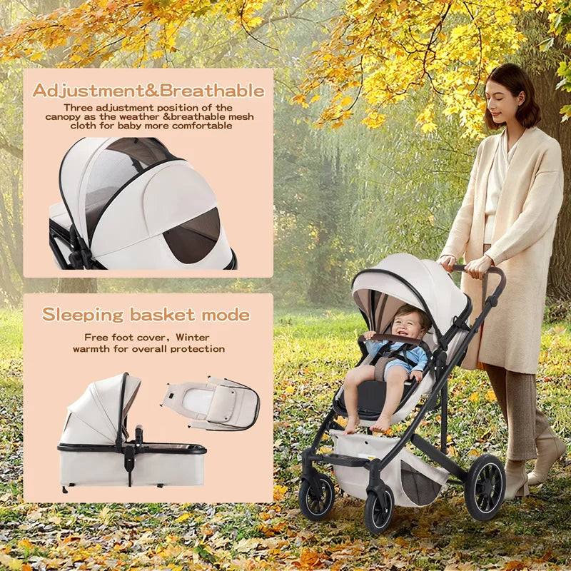 Babywagen - Kinderwagen - Buggy - Wandelwagen - 3-in-1 - met Reiswieg - en Autostoel - Opvouwbaar - Lichtgewicht - Aluminium Frame - voor Baby's - en Peuters - Donkergrijs - QUORE