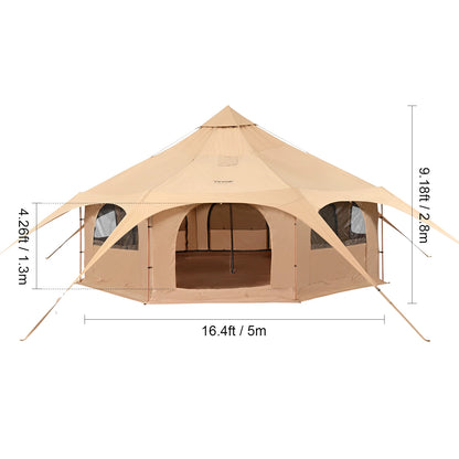 Canvas Bell Tent - Tent - Pop up tent- Kampeertent - 5M Diameter – Type B - Tipi tent - 4-Seizoenen Gebruik – Ademend & Waterdicht – Inclusief Kachelopening – Geschikt voor Kamperen & Outdoor