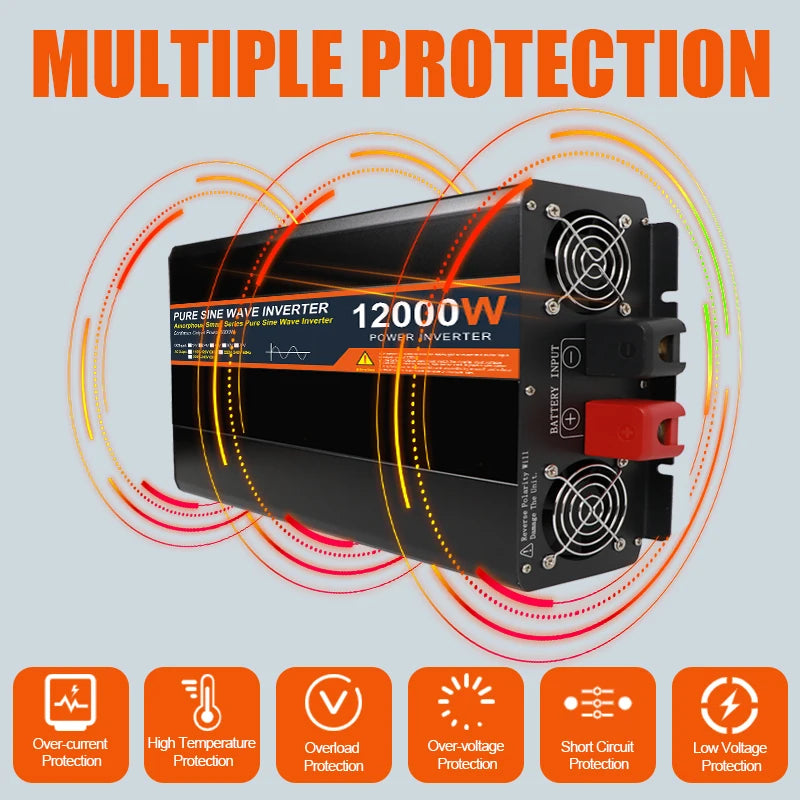 12000W Zuivere Sinus Omvormer – Sinusgolf Converter – Stroom Omvormer – DC Naar AC Omvormer – 24V Naar 220V – Compact Design – 6000W Continu Vermogen