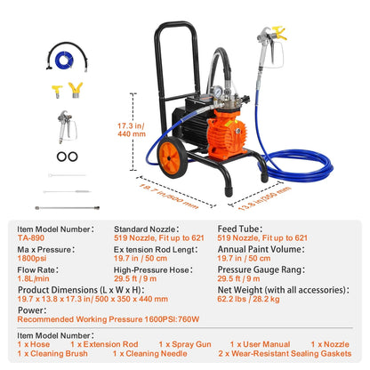 Airless Diaphragma Verfspuitmachine - Kar Airless Verfspuit - Airless Verfspuit - Verfspuiten Electrisch - Verfspuitmachine - 900W - 1800 PSI Hogedruk - Voor Grote Verfkluss - en Binnen - Buiten