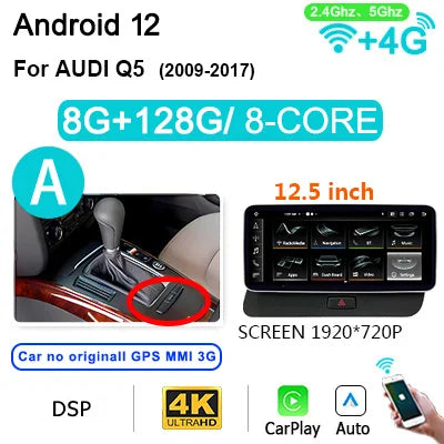 Multimedia Systeem Audi Q5 – Auto Radio – Navigatiesysteem – Carplay Speler – Android 14 Multimedia – 12,3 Inch Scherm – Draadloos CarPlay & 4G LTE Connectivity