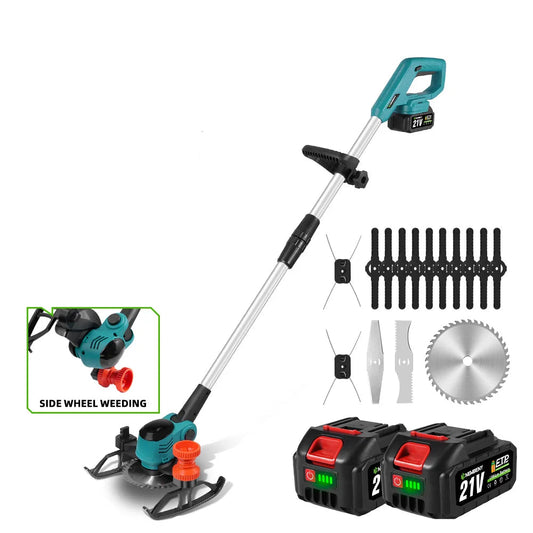 Handmaaier - Grasmaaier - Grastrimmer - Grasschaar - Grasmachine - 3000W - 6-Inch - Elektrische/Accu - Grastrimmer met 90° Verstelbare Kop – Snoerloos Tuingereedschap - 21V/18V Compatibel - Inclusief 2x Accu - QUORE