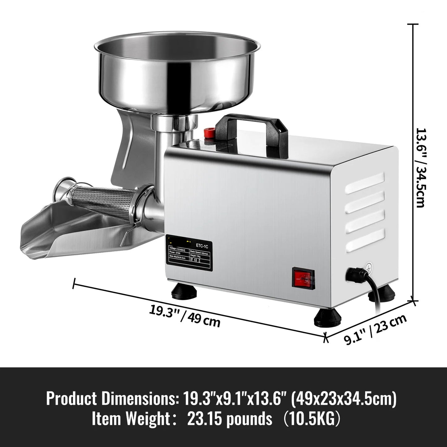Elektrische Zeefmachine – Sausmaker – Jammachine – Fruitpers – Puréezeef – 370W Motor – RVS 304 – 2,7 Liter Capaciteit