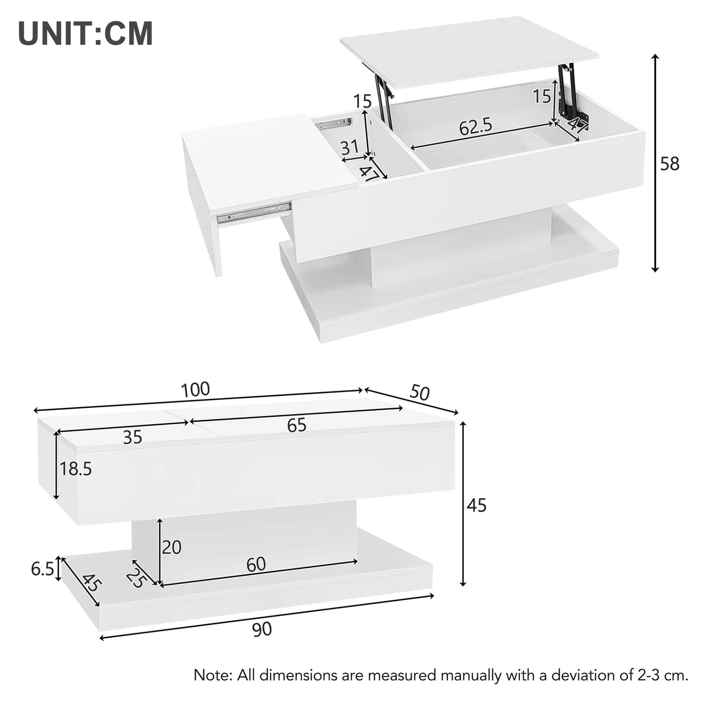 Salontafel – Koffietafel – Bijzettafel – Woonkamertafel – Tafeltje – Hoogglans Wit – Hydraulisch Hefmechanisme – LED Verlichting & Opbergruimte