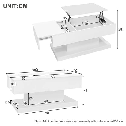 Salontafel – Koffietafel – Bijzettafel – Woonkamertafel – Tafeltje – Hoogglans Wit – Hydraulisch Hefmechanisme – LED Verlichting & Opbergruimte