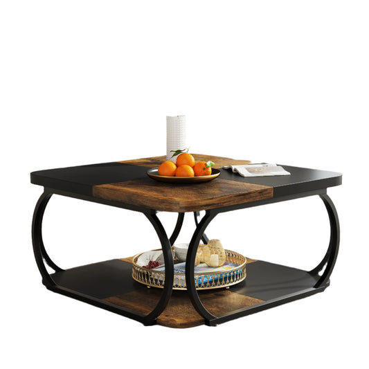 Square Coffee Table with 2 Tiers - 40 Inch - Low Farmhouse Coffee Table - Wooden Storage Shelf - Heavy Metal Frame - Black