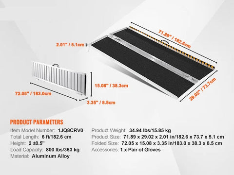 Rolstoelhelling - Drempelhulp - Oprijplaat - Drempelhulp Rubber - Drempelhulpen - 800 lbs draagvermogen - 72 in - Draagbaar - Non-Slip Aluminium Opvouwbare Drempel