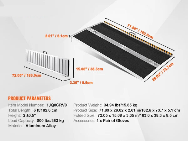 Rolstoelhelling - Drempelhulp - Oprijplaat - Drempelhulp Rubber - Drempelhulpen - 800 lbs draagvermogen - 72 in - Draagbaar - Non-Slip Aluminium Opvouwbare Drempel