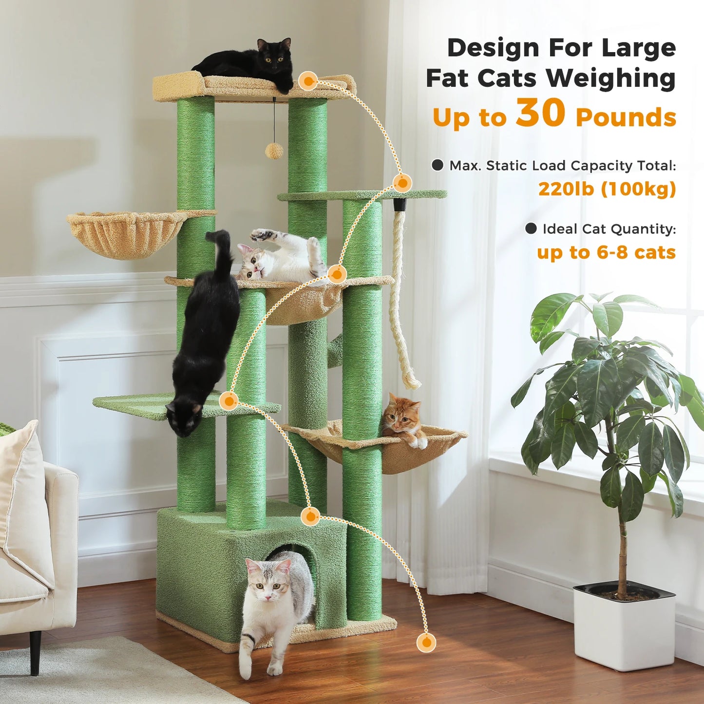 Krabpaal – Kattenboom – Kattenhuis – Krabton – Kattentoren – Extra Groot 169 cm – 13 Dikke Sisal Krabpalen