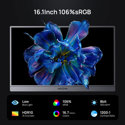 Draagbare Gaming Monitor – Extern Scherm – Portable Display – Tweede Monitor – Full HD 16,1 inch – 144 Hz Verversingssnelheid – 100% sRGB Kleurbereik – Ultra Dun Aluminium Design – Inclusief Waterdichte Opbergtas