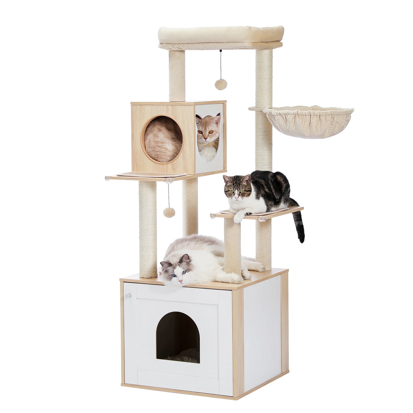 Kattenboom - met Kattenbak Kast – Houten - met Opslagkast - Kattenhuisje - en Sisal Krabpalen – Grote Kattenmeubel voor Binnen – Stabiel en Multifunctioneel - Meerdere Verdiepingen - Arbre a Chat - Beige - QUORE