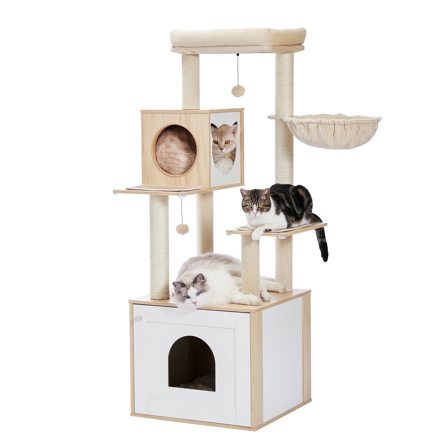 Kattenboom - met Kattenbak Kast – Houten - met Opslagkast - Kattenhuisje - en Sisal Krabpalen – Grote Kattenmeubel voor Binnen – Stabiel en Multifunctioneel - Meerdere Verdiepingen - Arbre a Chat - Beige - QUORE