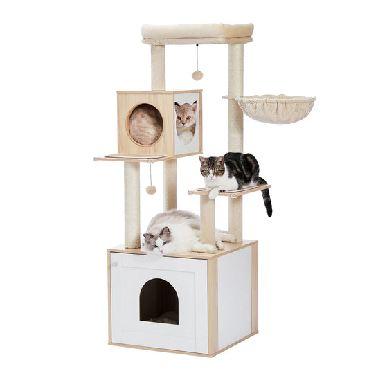 Kattenboom - met Kattenbak Kast – Houten - met Opslagkast - Kattenhuisje - en Sisal Krabpalen – Grote Kattenmeubel voor Binnen – Stabiel en Multifunctioneel - Meerdere Verdiepingen - Arbre a Chat - Beige - QUORE