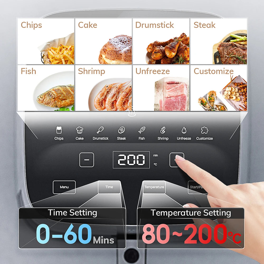 Heteluchtfriteuse - 5L - Oven - Touch Bediening - en Kijkvenster - Elektrische Olievrije - met Antiaanbakmand - Familieformaat - Lichtgrijs