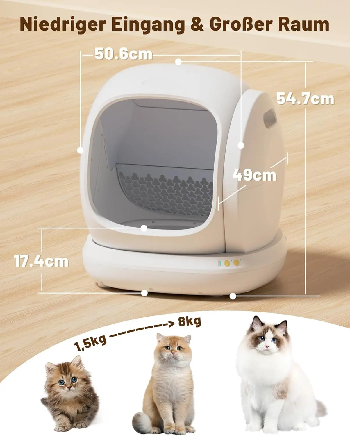 Automatische Kattenbak – Slimme Kattenbak – Zelfreinigende Kattenbak – App Bedienbare Kattenbak – Ruime Lage Instap – Geschikt Voor 1,5 Tot 8 Kg - Wit - XXL