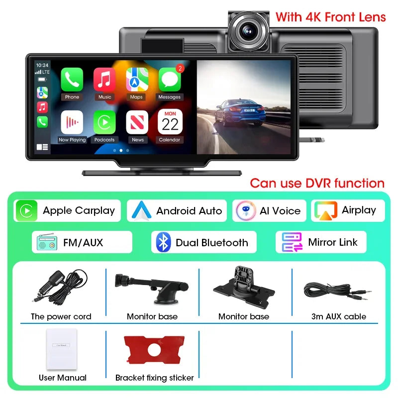 10.26" 4K Dashcam Spiegel - Draadloze CarPlay & Android Auto - WiFi Dash Cam - Nachtvisie - Loop Recording - Zonder Geheugenkaart