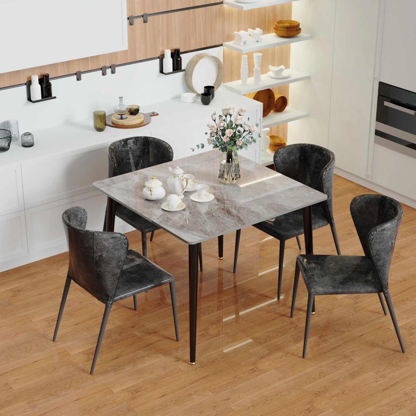 Rectangular Dining Modern Dining Desk Table Furniture with Natural Texture Sintered Stone Top Metal Frame for Dining Room