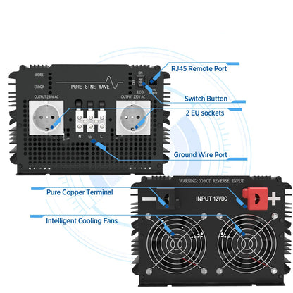 Zuivere Sinus Omvormer – Inverter – Stroomomvormer – 12V Naar 230V – 3500W Continu Vermogen – Bluetooth Afstandsbediening - QUORE