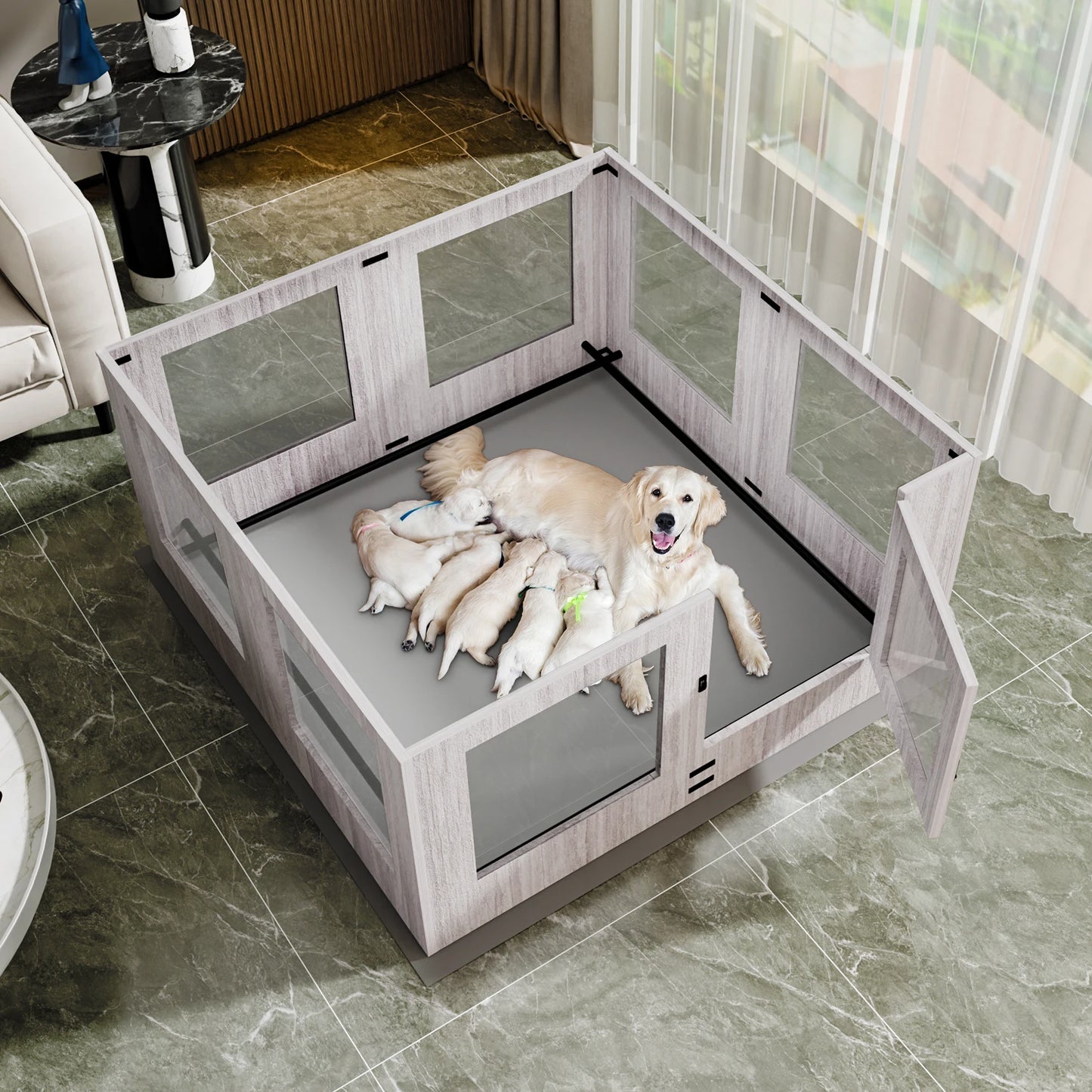 Hondenren – Puppyren – Hondenbox – Kooien – Lichtgrijs – Gehards Glas – 8 Panelen – Waterdichte Beschermmat