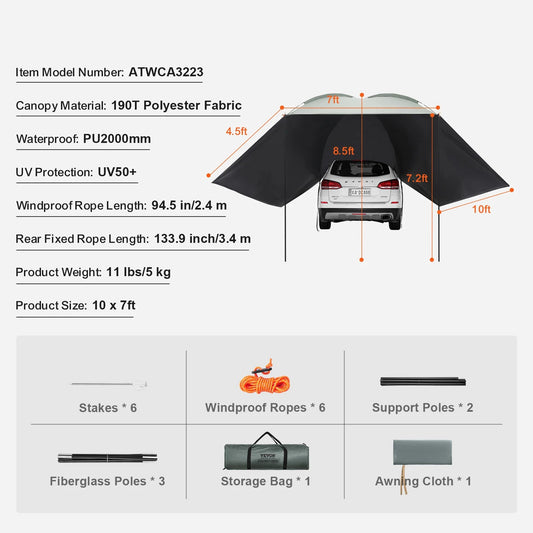 270° Luifel - Uitschuifbare - Autozijluifel - Waterdichte Dakluifel - voor SUV - Camper en Truck - 280G Polyester Stof - met PU3000mm Coating - 10x7ft - QUORE
