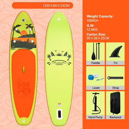 Supboard - Paddle Board - Peddelplank - Surfplank - Opblaasbaar - Inc. Peddel - Vin - Leash - Riem - Handpomp - Rugzak - 335 x 84 x 15 cm - Geel-groen & Oranje