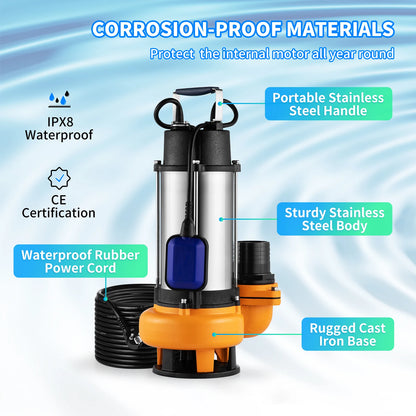 Vevor - Waste water pump - Submersible pump - Clean water pump - 1100W 1.5HP for pumping water from swimming pools, basements and hot tubs - Silver