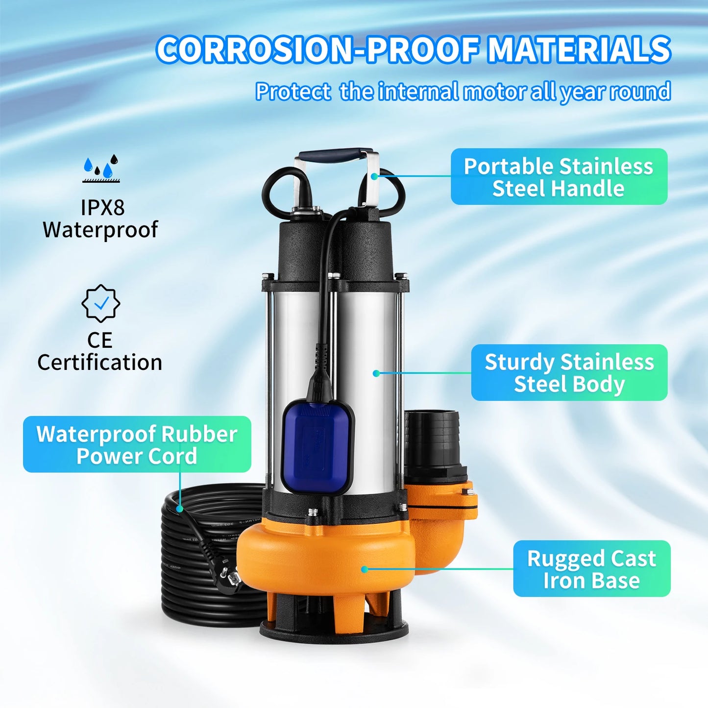 Vevor - Waste water pump - Submersible pump - Clean water pump - 2200W 3HP for pumping water from swimming pools, basements and hot tubs - Silver