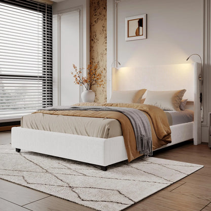 Corduroy Gestoffeerd Bed – Modern Bed – Zacht Bed – Met Hoofdeinde – Met USB Oplaadpoort – Houten Lattenbodem – Max 300 Kg - 140 x 200 cm - Beige