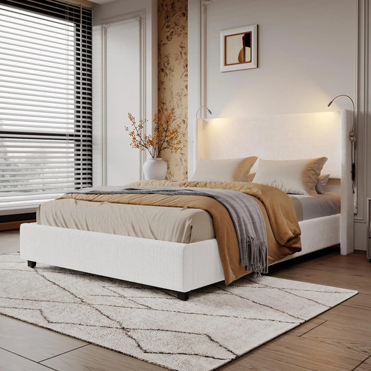 Corduroy Gestoffeerd Bed – Modern Bed – Zacht Bed – Met Hoofdeinde – Met USB Oplaadpoort – Houten Lattenbodem – Max 300 Kg - 140 x 200 cm - Beige