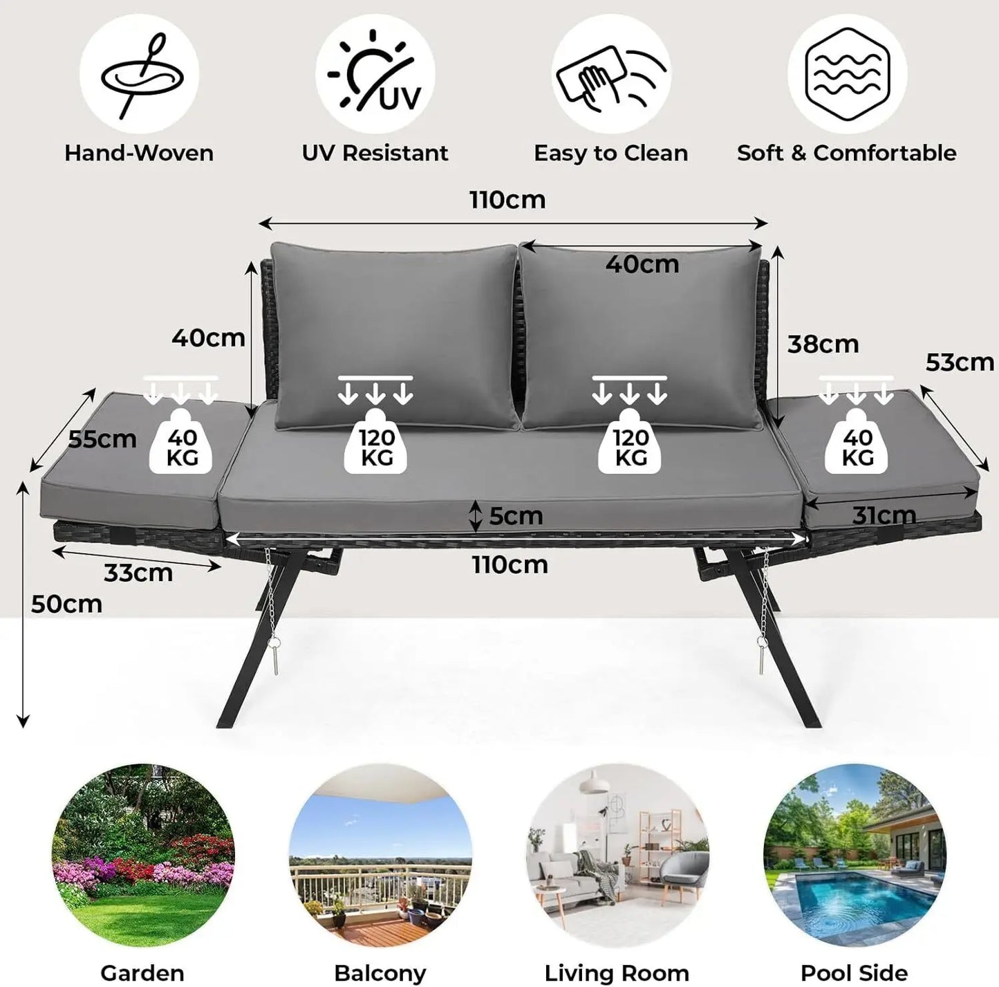 Tuinbank Polyrattan 3-zits – Loungeset – Buitenbank – Ligbank – Balkonbank – Verstelbare Armleuningen – Weerbestendig Zwart Polyrattan - QUORE