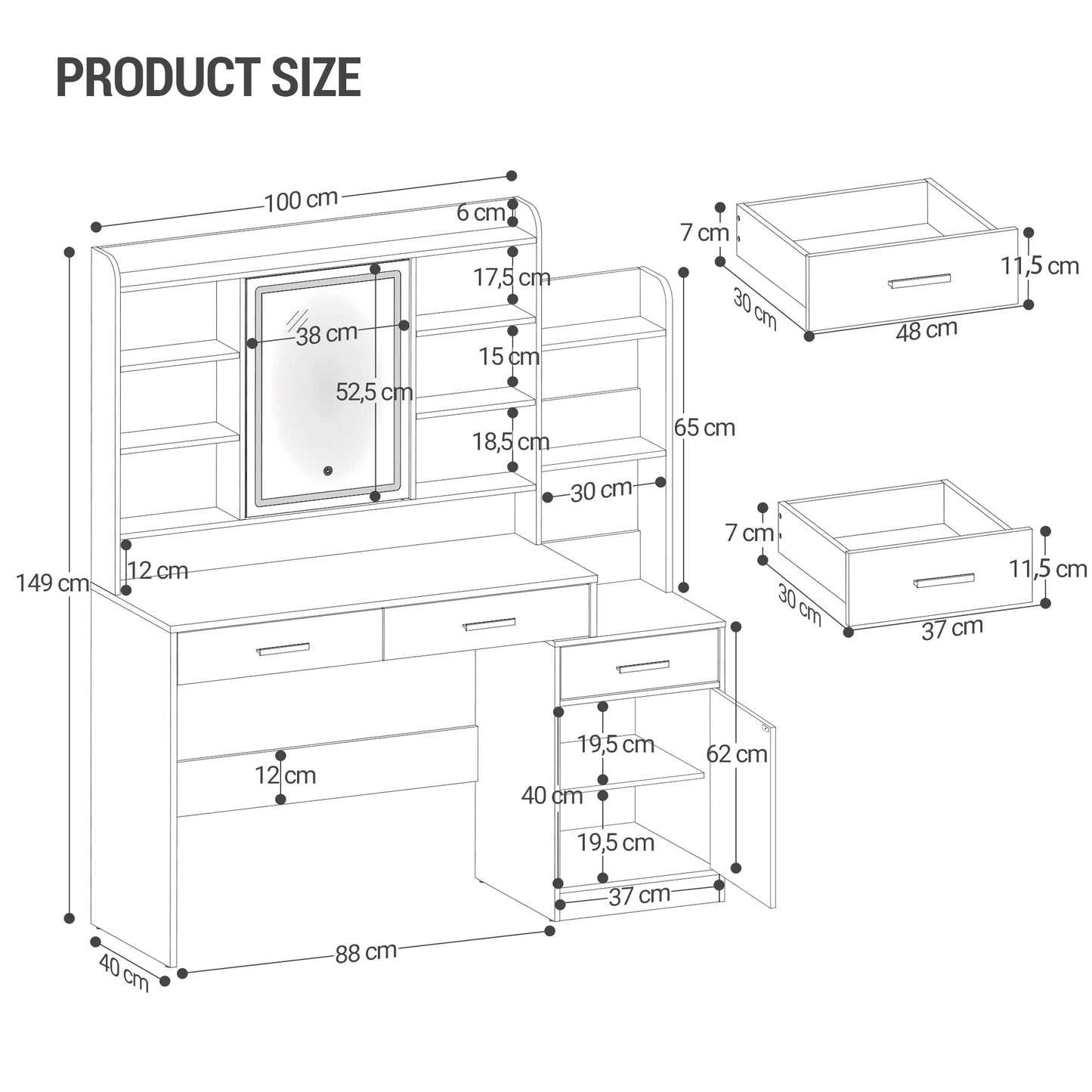 Make-up Tafel – Kaptafel – Schminktisch – Dressing Table – Toilettafel – Met Spiegel en Instelbare LED Verlichting – 130 cm Breed Met 3 Laden en Kastje - QUORE
