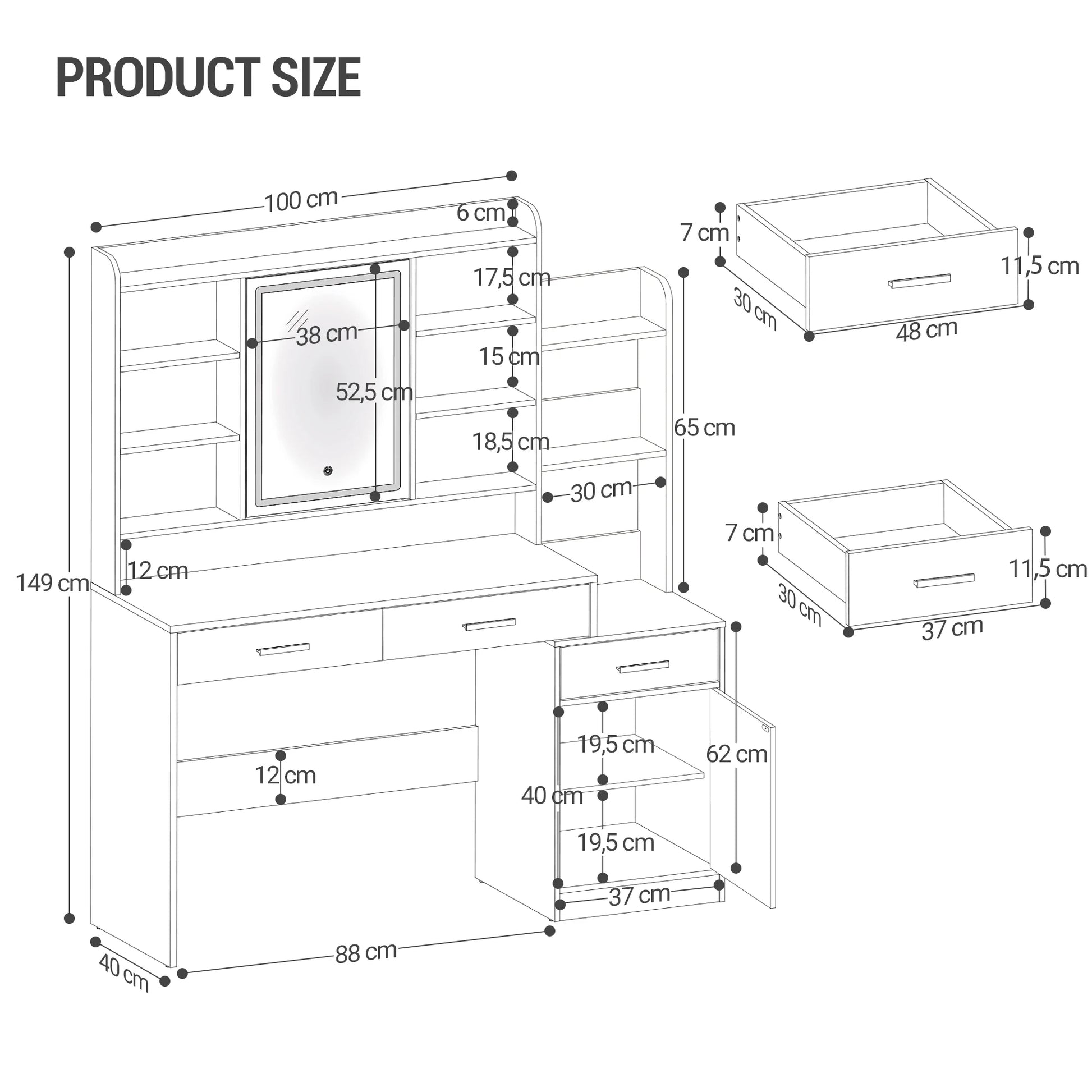 Make-up Tafel – Kaptafel – Schminktisch – Dressing Table – Toilettafel – Met Spiegel en Instelbare LED Verlichting – 130 cm Breed Met 3 Laden en Kastje - QUORE