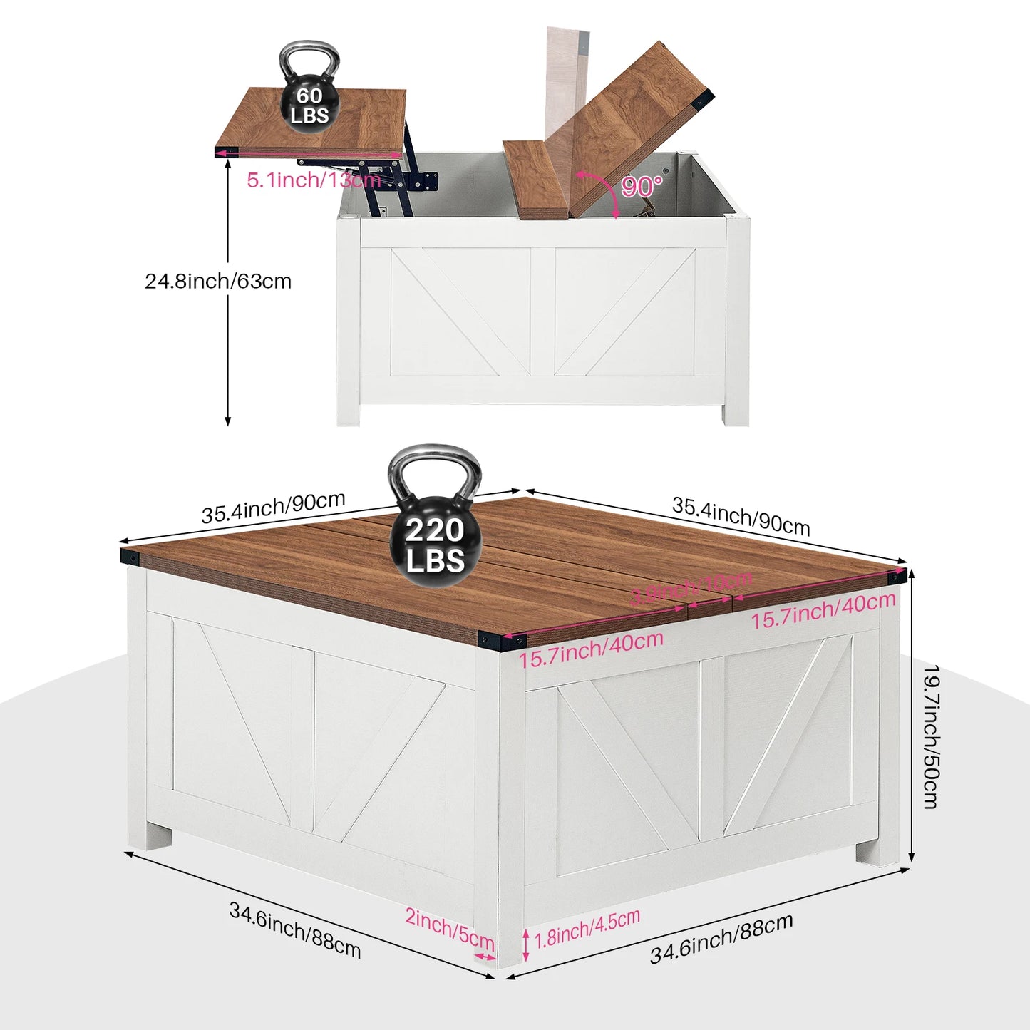 Salontafel – Koffietafel – Opbergtafel – Tafeltje – Houten Tafel – Hydraulisch Liftsysteem – Ingebouwde USB Poorten - 90 x 90 x 50 cm - Walnoot