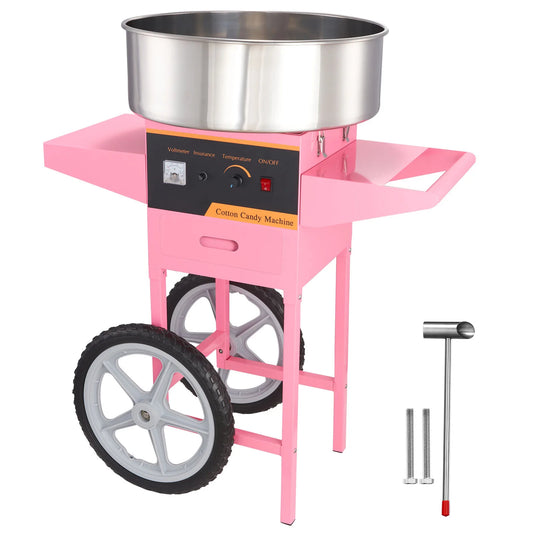 Suikerspinmachine Elektrisch - Suikerspinmachines - Mini Suikerspin - Suikerspinmaker - 1000W - RVS Kom - Instelbare Temperatuur - Incl. Schep en Lade - Voor Feestjes - Kermis - en Verjaardagen - Roze - met Kar