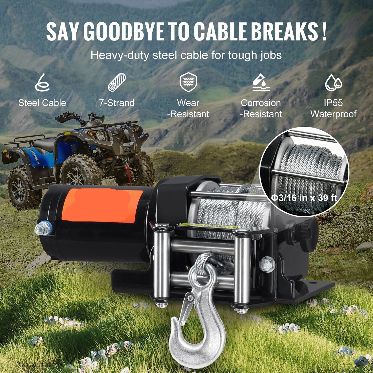 Lier - Takel - Kabeltakel - Kettingtakel - Elektrische - Waterdicht - 12V - 4000lbs - Winch met 39ft Stalen Kabel en Bedrade/Wireless Afstandsbediening - voor ATV/UTV en Truck Towing - QUORE