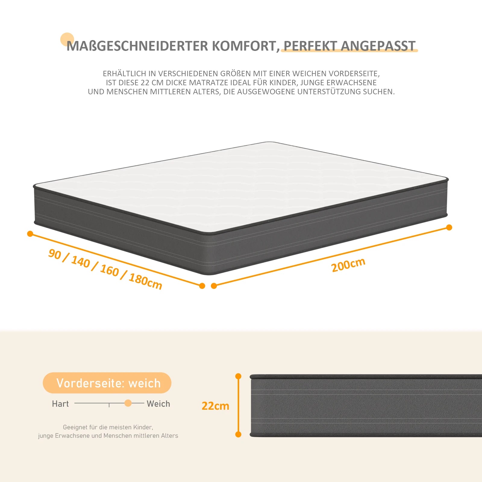 Pocket spring core mattress 22 cm - 7 zone mattress with comfort foam and stable support H4 - QUORE