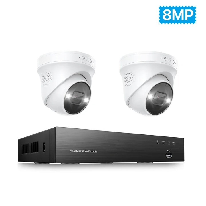 Beveiligingssysteem – 2 Stuks - CCTV Camera Set – Video Bewaking – Surveillance Systeem – IP Beveiligingscamera – AI Persoons- en Voertuigdetectie – Kleurennachtzicht Met Spotlight - 4K - 8MP PoE - Geen Ingebouwde HDD