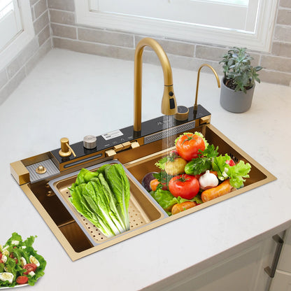Gouden Keukenspoelbak – Spoelbak – Keukenspoelbak – Spoelbak Met Kraan – RVS Spoelbak – Uitrekbare Kraan 60 cm – Ingebouwde Zeepdispenser