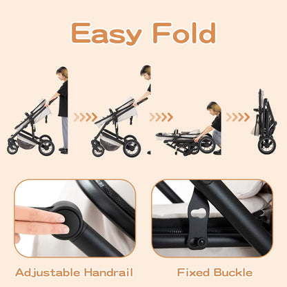 Babywagen - Kinderwagen - Buggy - Wandelwagen - 3-in-1 - met Reiswieg - en Autostoel - Opvouwbaar - Lichtgewicht - Aluminium Frame - voor Baby's - en Peuters - Donkergrijs - QUORE