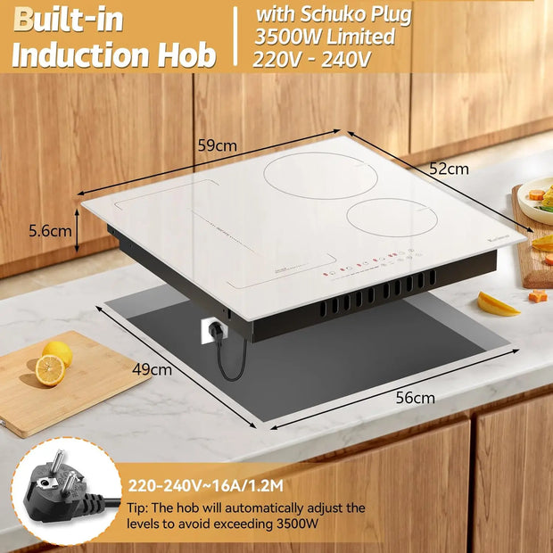 Induction Hob - Induction Hob - Induction Cook Top - Induction Cooker - Electric Burner - 4 Zones with Plug - 59CM - 3500W - White Ceramic Glass - Combination Zones - Slide Controls - 9 Power Levels