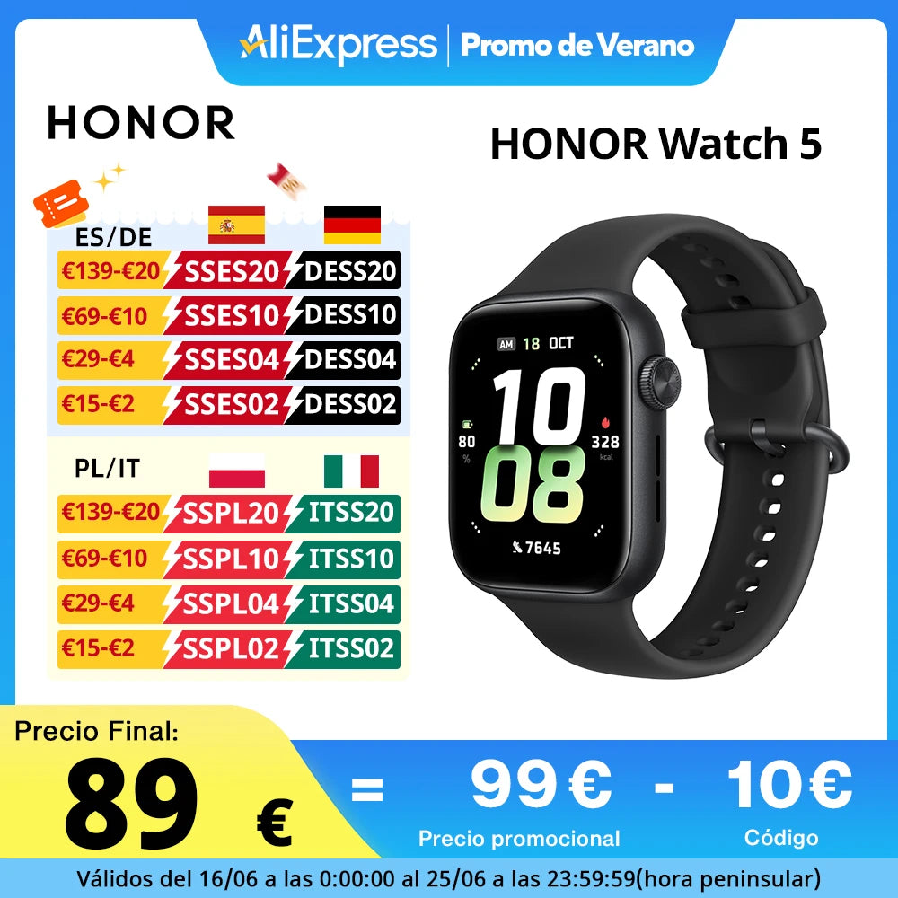Global Version HONOR Watch 5 Smartwatch Precise GPS Tracking Quick Health Scan 1.85-inch Large Display GPS Supported IP68