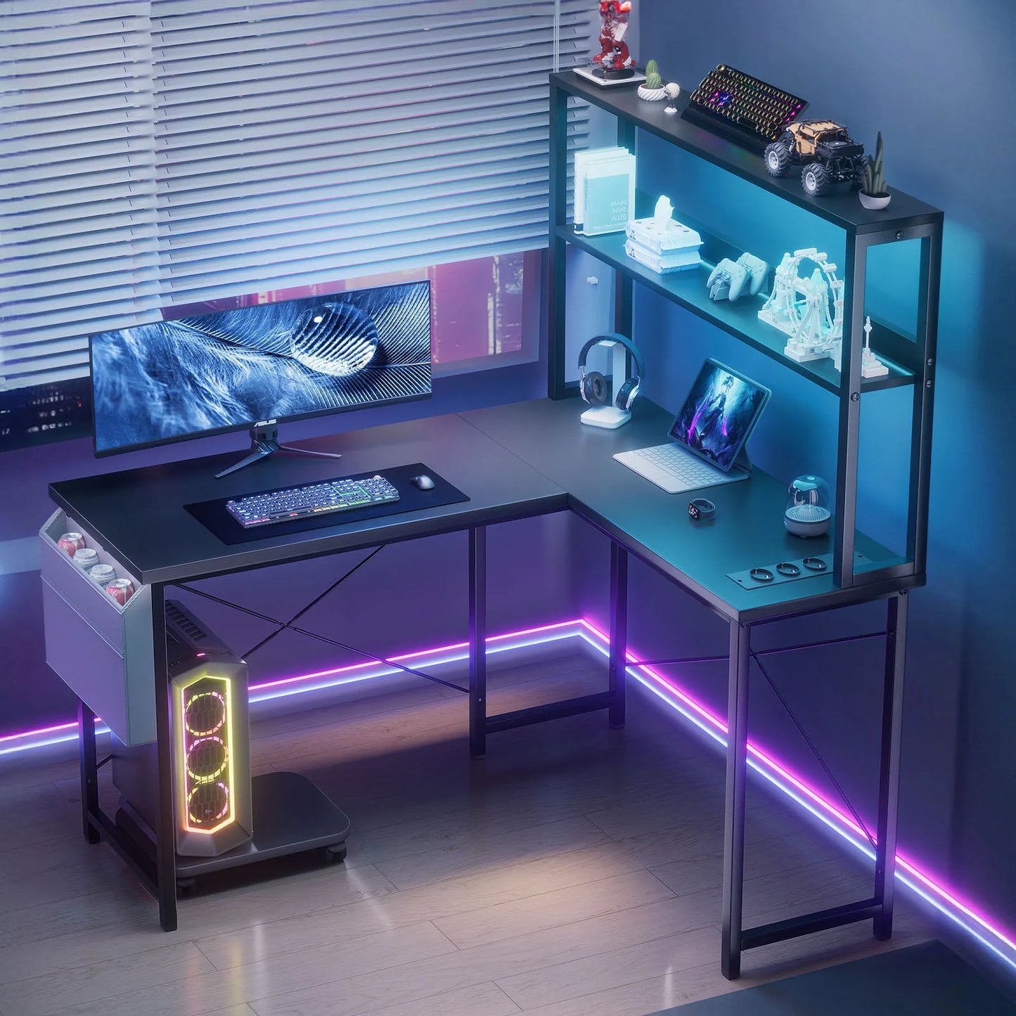 Bureau – Werkplek – Gametafel – Computertafel – Bureauhoek – Beige – 2-in-1 Verstelbaar Ontwerp – Geïntegreerde Power Hub - QUORE