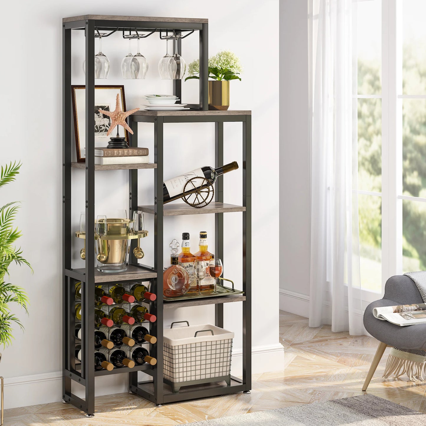Wijnrek – Wijnhouder – Wijnflessenrek – Glazenhouder – Vloerstaand – 12 Flessen – 3-in-1 Ontwerp - Grijs