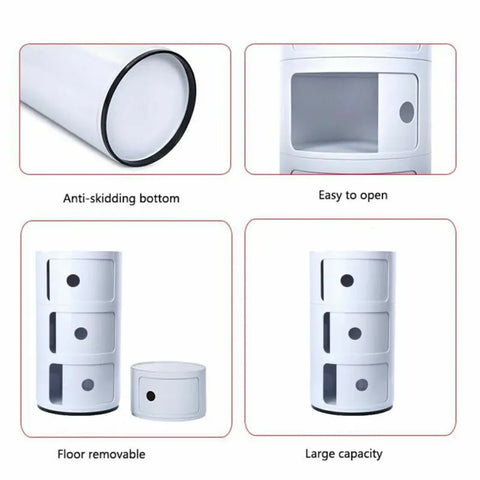 Moderne Ronde Opbergkast – 3 Lagen – Compact Nachtkastje – ABS Kunststof – Stijlvolle Bijzettafel met Schuifdeuren – Woonkamer, Slaapkamer &amp; Badkamer – Wit